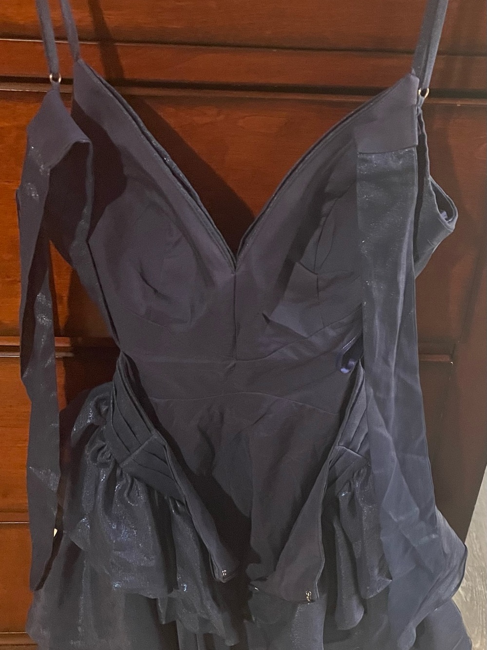 Stacees Navy Blue V-Neck Tiered Ruffle Mini Dress - Picture 3 of 7